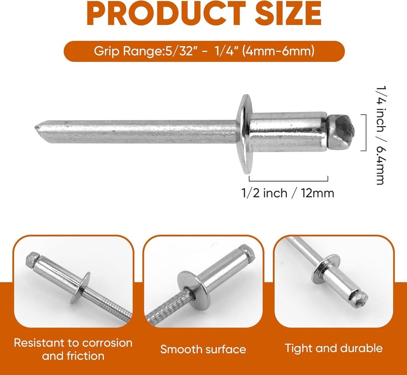 ALLCLEAN 50 Pcs 1/4" x 1/2" Stainless Steel Blind Pro Rivets,6.4 x 12mm Pop Rivets,Stainless Steel Grip and Stainless Steel Mandrel - Image 2